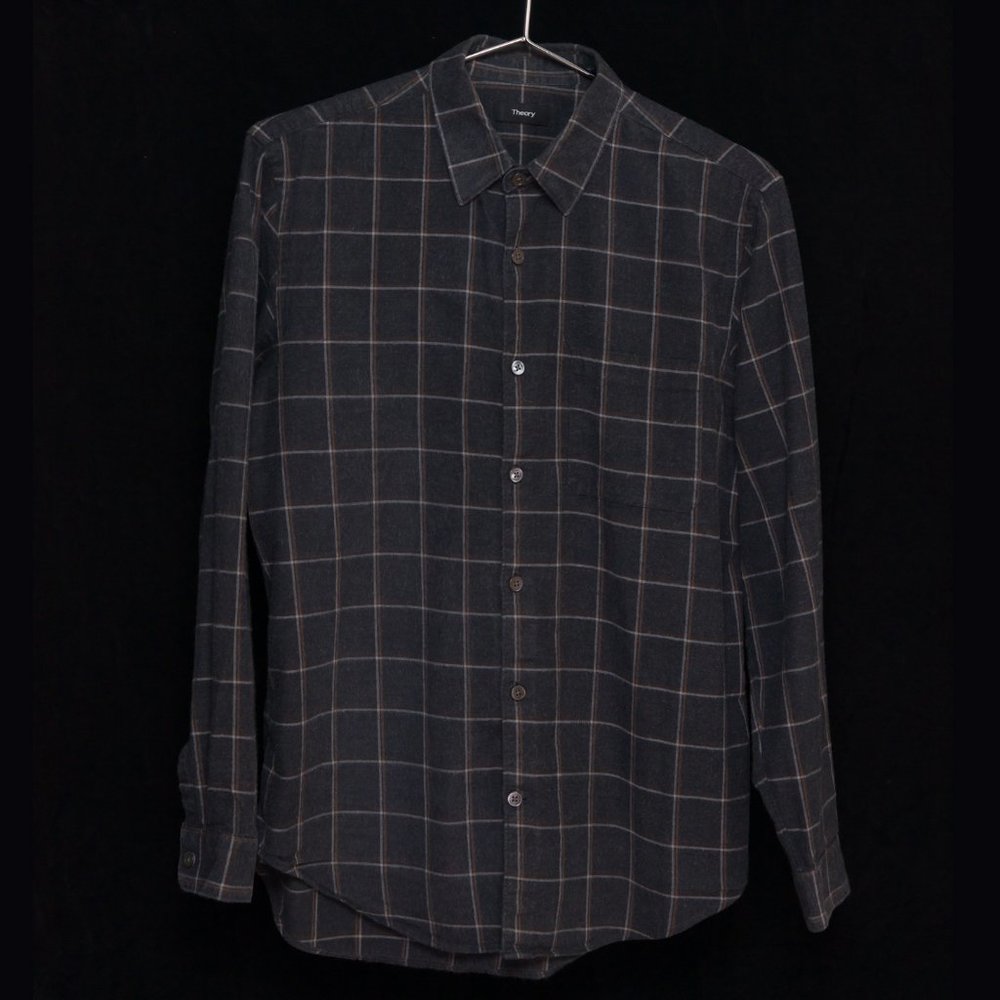 Theory Rammy Charcoal Grid Flannel Shirt, 100% Cotton